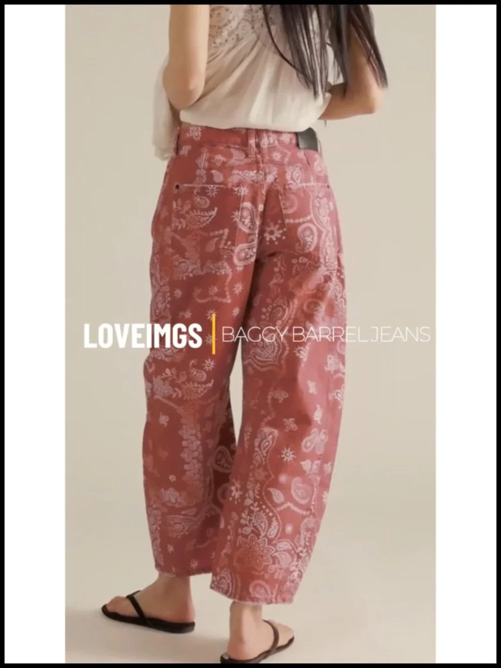 Women's Floral Print Baggy Barrel Jeans Wide Leg Mid Rise Y2k Patchwork Denim